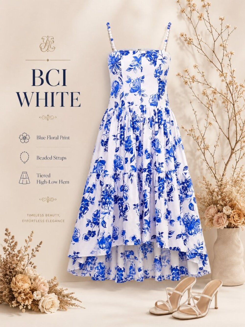 1.STATE White Blue Printed Beaded Strap Dress Size M NWT
